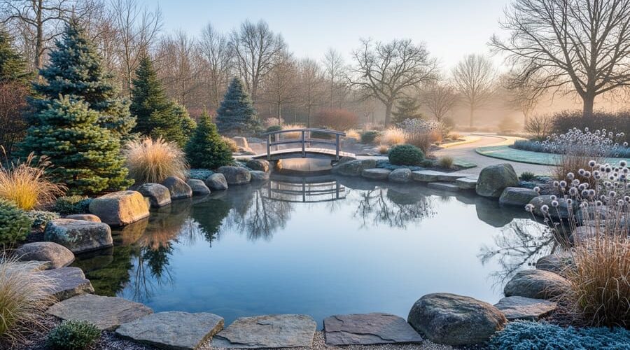 Reflective pond bordered by natural stone and boulders, with dwarf conifers, ornamental grasses, and frost-dusted seed heads, plus a small footbridge under golden-hour light in a late-autumn garden.
