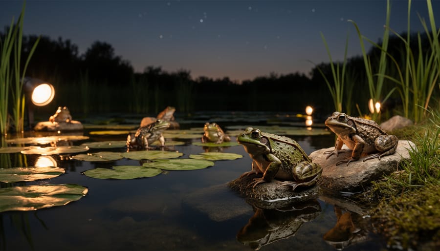 Green frog on lily pad near warm underwater pond lighting at dusk