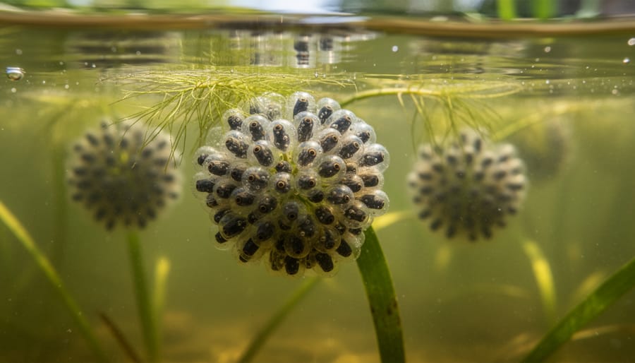 Close-up of frog eggs in translucent jelly clusters attached to pond plants underwater