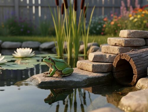 Green frog on a rock at the edge of a gently sloped backyard pond with water lilies, cattails, stacked rocks, and a hollow log, shot at eye level in warm golden-hour light with a softly blurred garden fence and flowers behind.