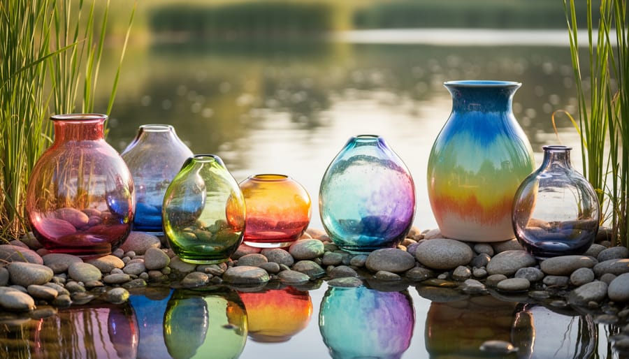 Blue and turquoise glass float ornaments arranged with purple iris flowers at water garden edge