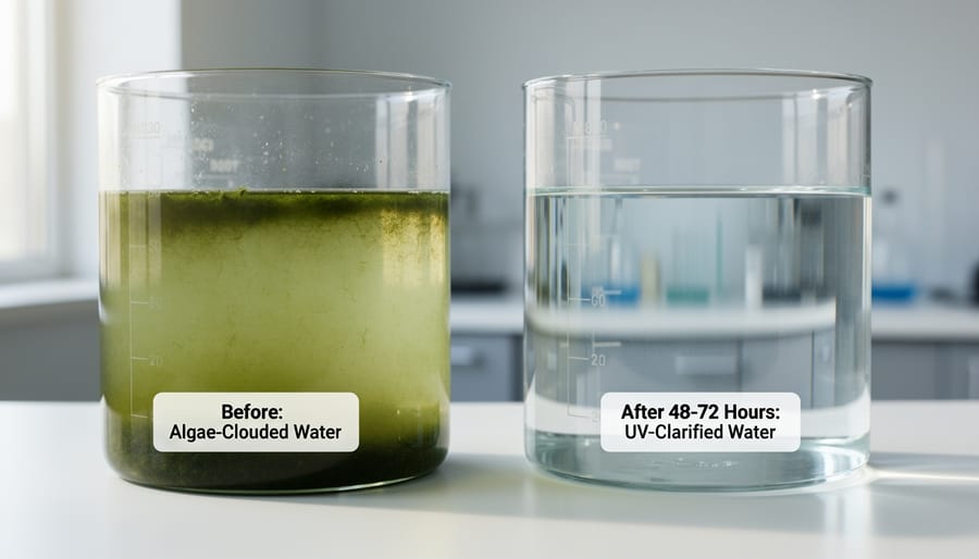 Side-by-side comparison of green cloudy aquarium water versus crystal clear water