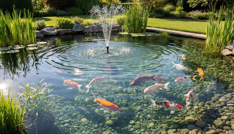 Clear healthy pond with visible koi fish swimming in well-oxygenated water