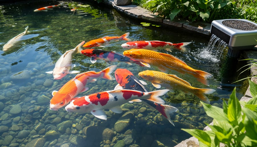 Clear pond water with healthy koi fish swimming near rocks with beneficial bacteria biofilm