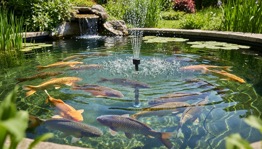 Koi and goldfish swimming in clear pond water with aerator bubbles