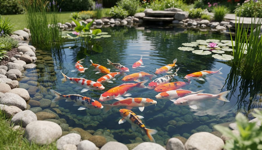 Healthy koi fish swimming in clear outdoor pond after successful quarantine period