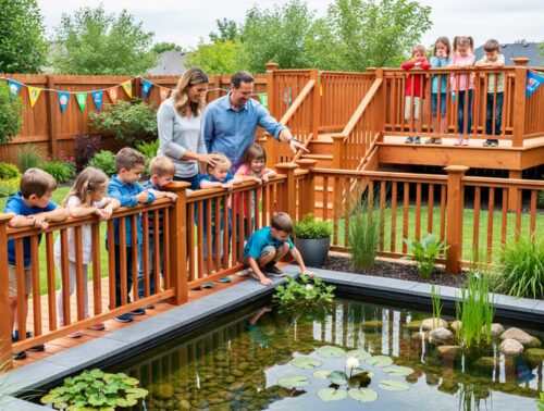 Two adults supervise kindergarten children behind a wooden safety railing at a backyard water garden with lily pads, shallow water, and colorful pennant markers separating the observation area from the pond.