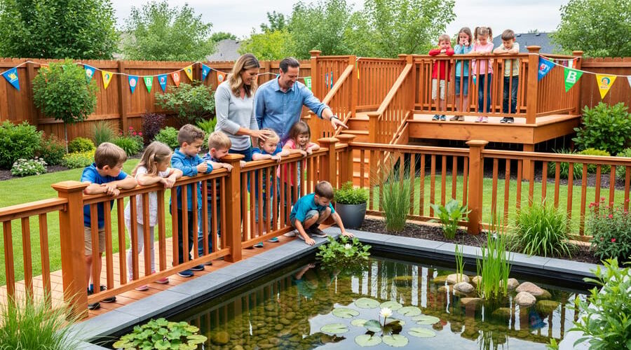 Two adults supervise kindergarten children behind a wooden safety railing at a backyard water garden with lily pads, shallow water, and colorful pennant markers separating the observation area from the pond.