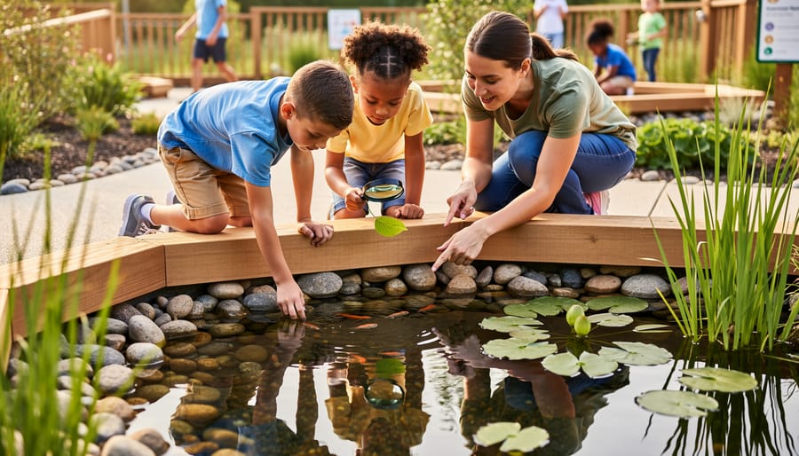 Group of kindergarten children observing a water garden with teacher supervision