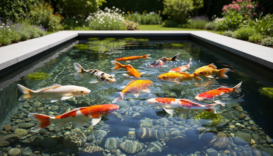 Colorful koi fish swimming in clear pond water near the surface