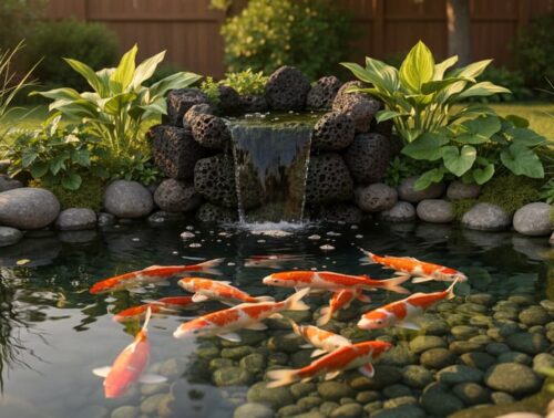 Crystal-clear koi pond with colorful koi, lush aquatic plants, and a small waterfall flowing over porous lava rock, suggesting biological filtration at work.