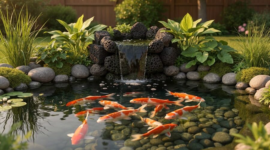 Crystal-clear koi pond with colorful koi, lush aquatic plants, and a small waterfall flowing over porous lava rock, suggesting biological filtration at work.