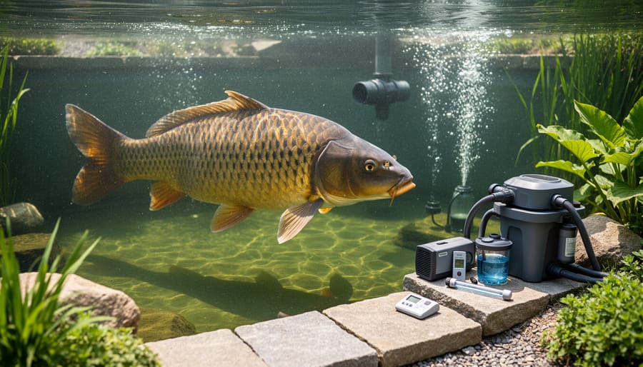 Large koi fish swimming in pond water showing visible waste and algae particles