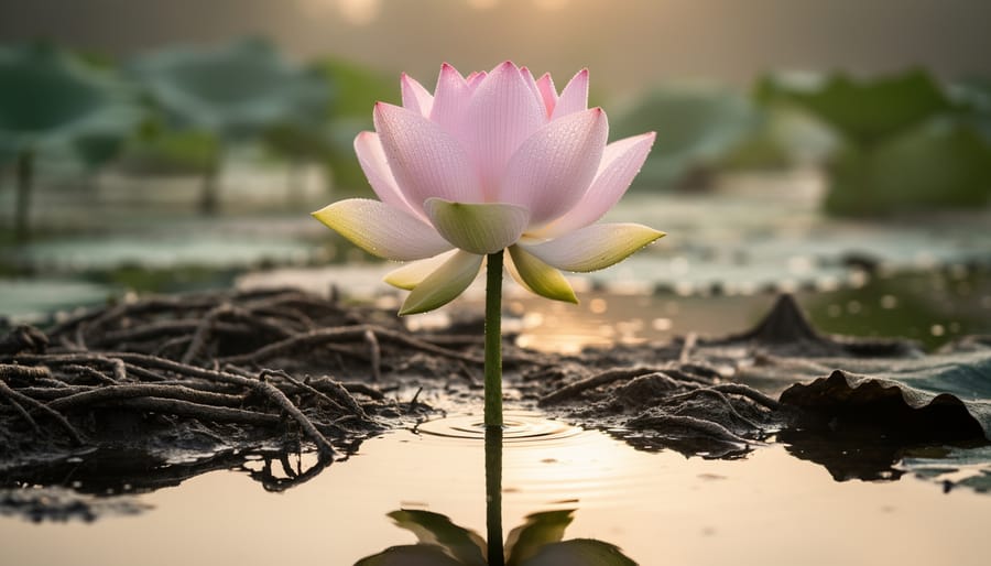 Pink lotus flower with water droplets emerging from pond