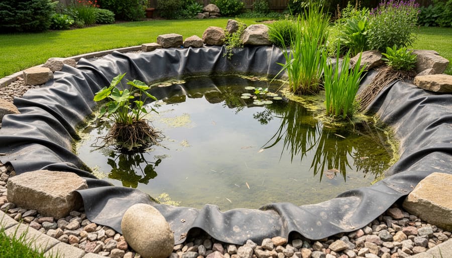 Garden pond with low water level showing exposed liner along the edges