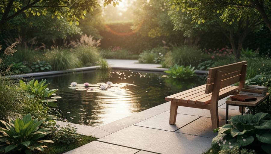 Peaceful meditation bench beside reflective water garden pond