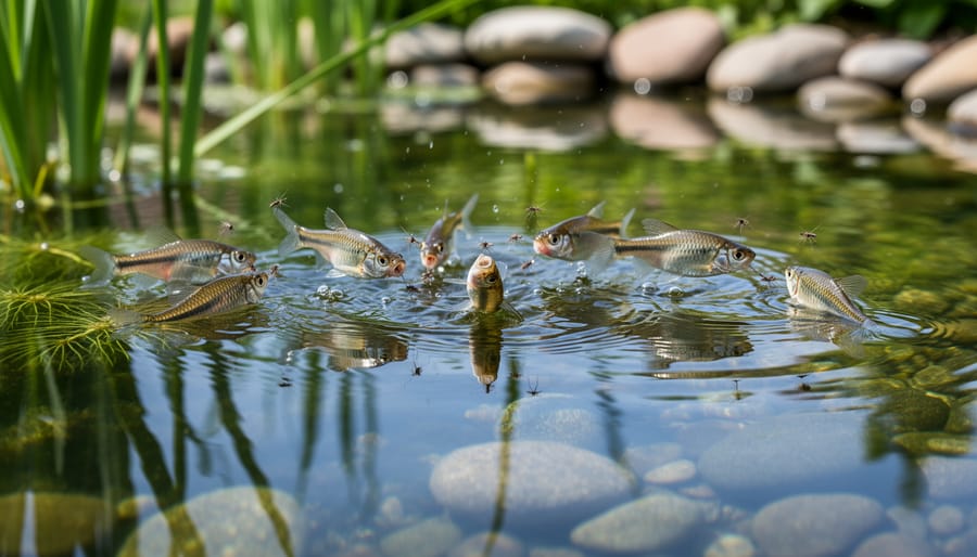 Mosquitofish swimming in clear pond water hunting for gnat larvae