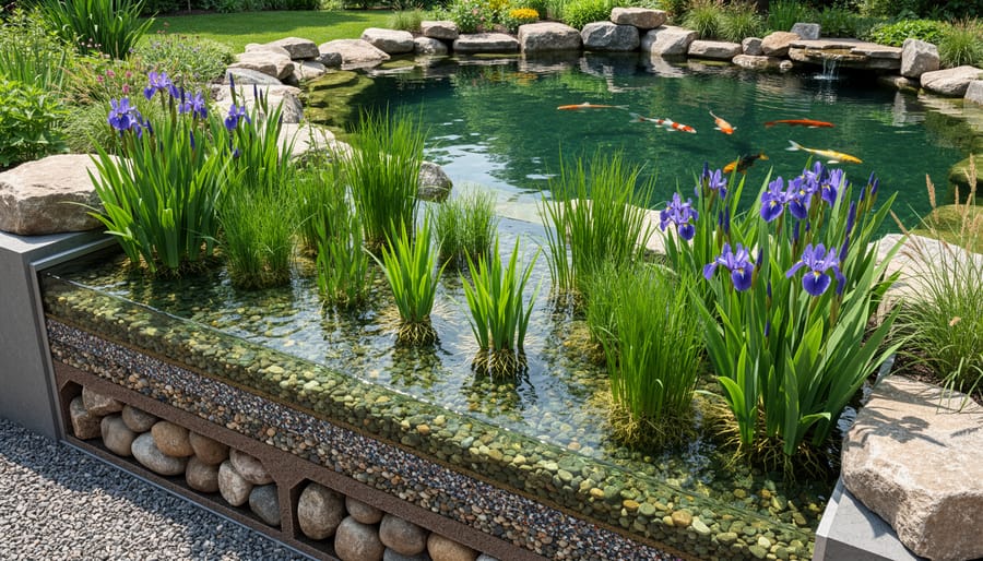 Bog filter with aquatic plants growing beside garden pond for natural biological filtration