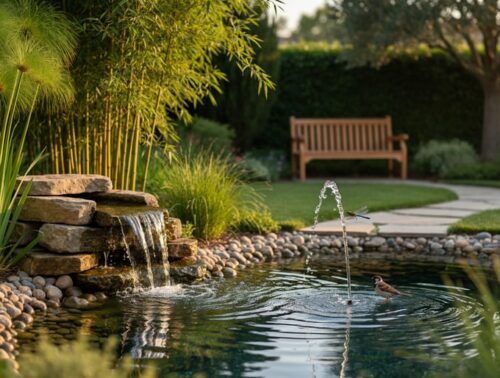 Backyard pond with small rock waterfall and spitter fountain, pebble shoreline, papyrus and bamboo, a songbird at the water’s edge and a dragonfly above ripples in golden-hour light, with a softly blurred bench and trees in the background.