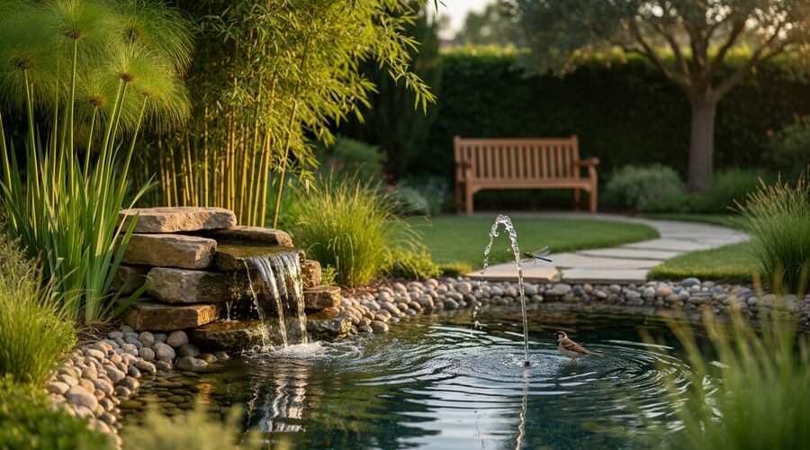 Backyard pond with small rock waterfall and spitter fountain, pebble shoreline, papyrus and bamboo, a songbird at the water’s edge and a dragonfly above ripples in golden-hour light, with a softly blurred bench and trees in the background.