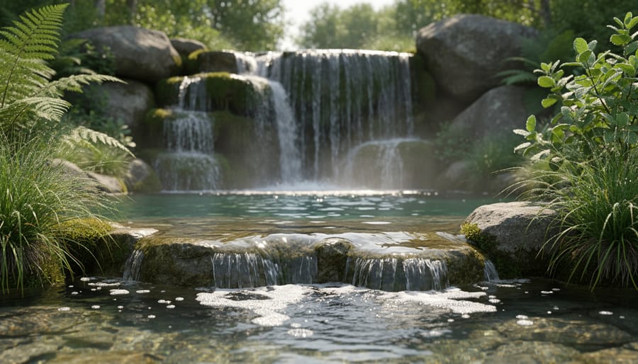 Natural stone waterfall cascading into garden pond surrounded by lush vegetation