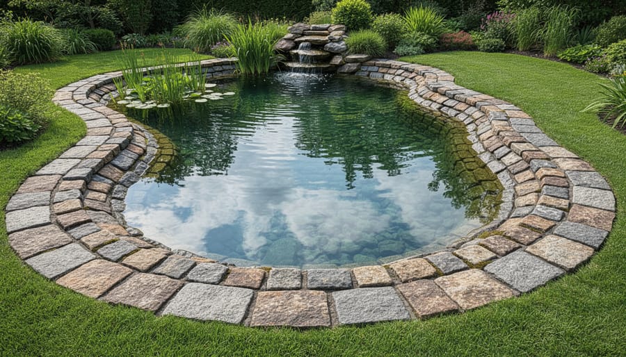 Close-up of textured stone pond edging with gentle slope into water
