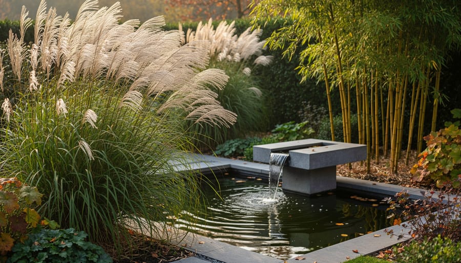 Ornamental grasses and bamboo plants beside pond creating natural movement and sound