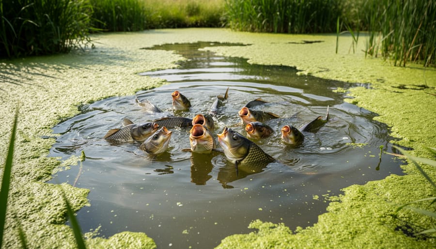 Fish gasping at pond surface with visible algae bloom indicating water quality issues