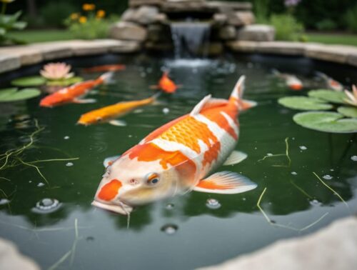 Large orange-and-white koi in a small backyard pond with a slight green tint and algae, smaller fish near the surface, stone edging, lilies, and a blurred skimmer waterfall in the background.
