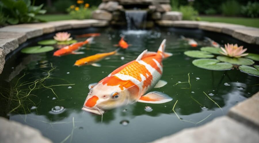 Large orange-and-white koi in a small backyard pond with a slight green tint and algae, smaller fish near the surface, stone edging, lilies, and a blurred skimmer waterfall in the background.