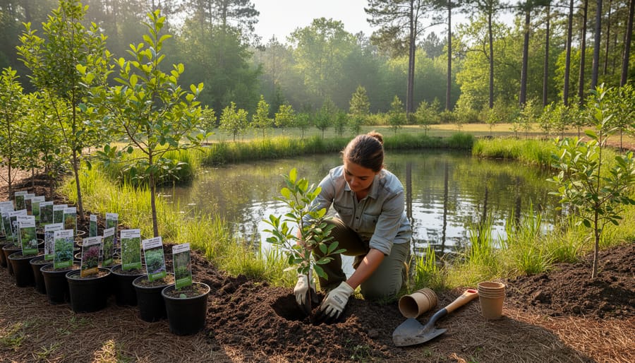 Gardener planting native shrub near pond edge as part of buffer zone