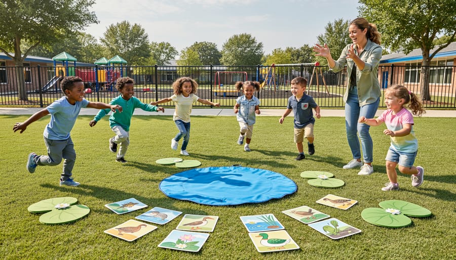 Preschool children doing frog jump movements during pond-themed physical activity game