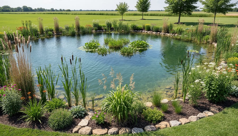 Pond edge with healthy marginal plants and natural stone border preventing erosion