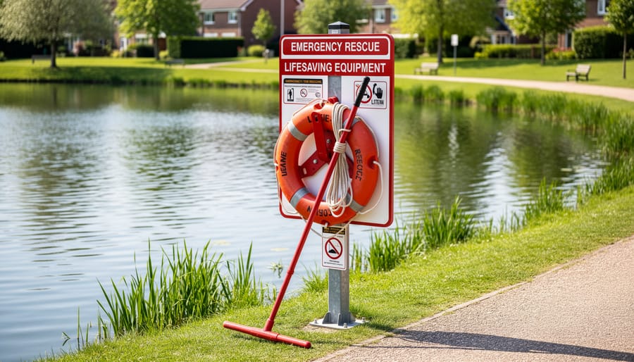 Life ring and rescue pole emergency equipment mounted near residential pond