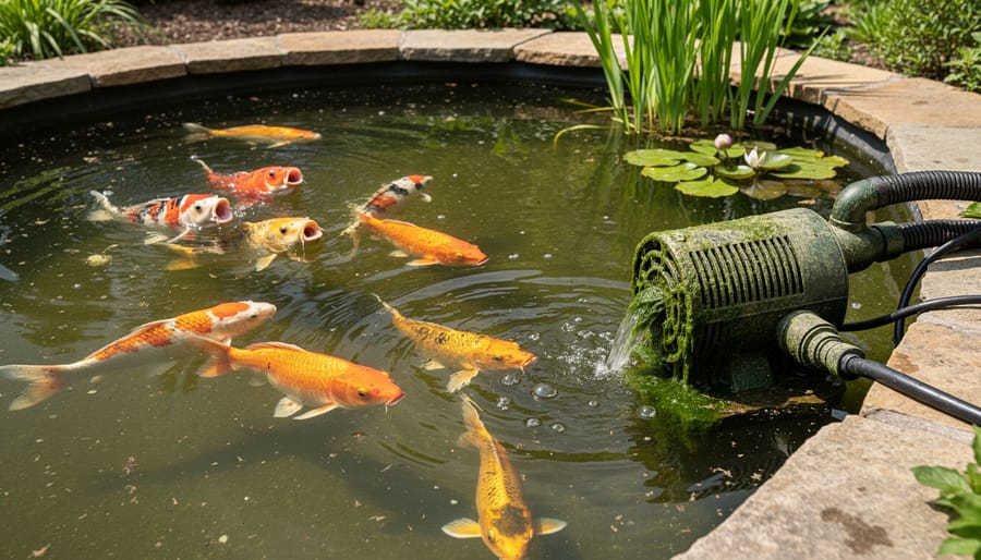 Koi fish showing signs of distress at water surface due to inadequate aeration