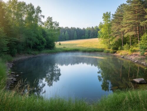 Small pond surrounded by native trees, shrubs, and tall grasses forming a forested buffer; photographed from a slightly elevated angle at golden hour with calm reflective water, stable vegetated shoreline, and a meadow and distant treeline in the background.