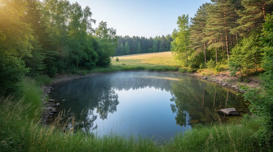 Small pond surrounded by native trees, shrubs, and tall grasses forming a forested buffer; photographed from a slightly elevated angle at golden hour with calm reflective water, stable vegetated shoreline, and a meadow and distant treeline in the background.