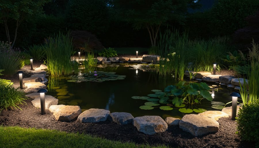 Low-voltage LED pond light installed on stone at water's edge with visible wiring
