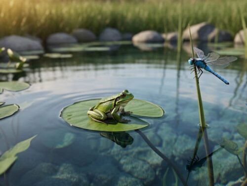 Clear backyard pond with native aquatic plants, a green frog on a lily pad, and a blue dragonfly on a reed in warm evening light, with shoreline grasses and rocks in the background.