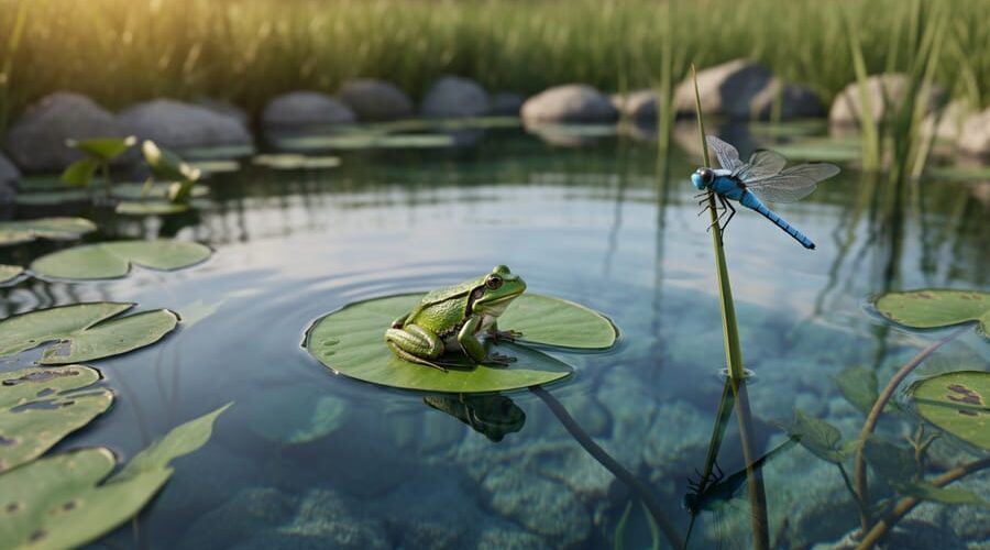Clear backyard pond with native aquatic plants, a green frog on a lily pad, and a blue dragonfly on a reed in warm evening light, with shoreline grasses and rocks in the background.