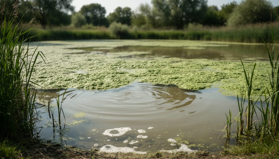 Quarter-acre pond with algae bloom and murky water showing signs of oxygen deficiency