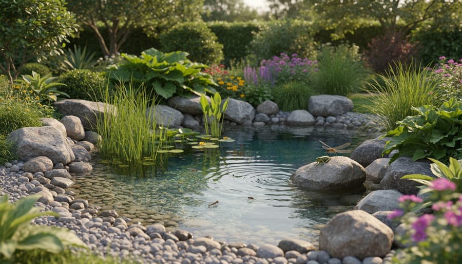 Natural pond edge with shallow areas, rocks, and diverse plantings creating habitat for beneficial predators