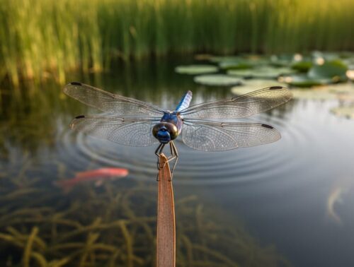 Metallic blue dragonfly on a reed at a backyard wildlife pond during golden hour, with a frog partially visible in the shallow, vegetated edge and soft ripples suggesting small fish under the surface; native grasses and lily pads blur in the background.