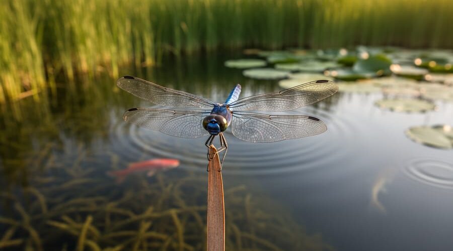 Metallic blue dragonfly on a reed at a backyard wildlife pond during golden hour, with a frog partially visible in the shallow, vegetated edge and soft ripples suggesting small fish under the surface; native grasses and lily pads blur in the background.