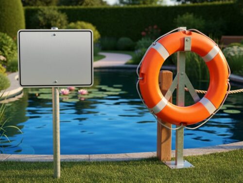 Blank aluminum pond safety sign and life ring beside a backyard pond with low fence and rope boundary in warm golden hour light.