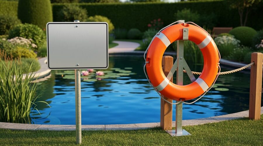 Blank aluminum pond safety sign and life ring beside a backyard pond with low fence and rope boundary in warm golden hour light.