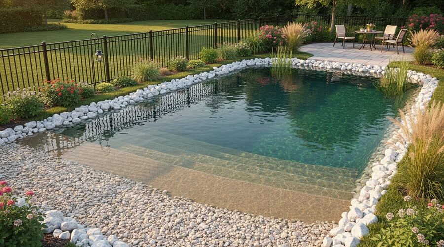 Backyard pond at golden hour with clear stepped shelves under the water, a gentle sloped beach with textured stones, a white river rock border near a deeper section, and a black aluminum fence set back from the edge with a mounted shepherd’s hook; landscaped garden and patio in the background.