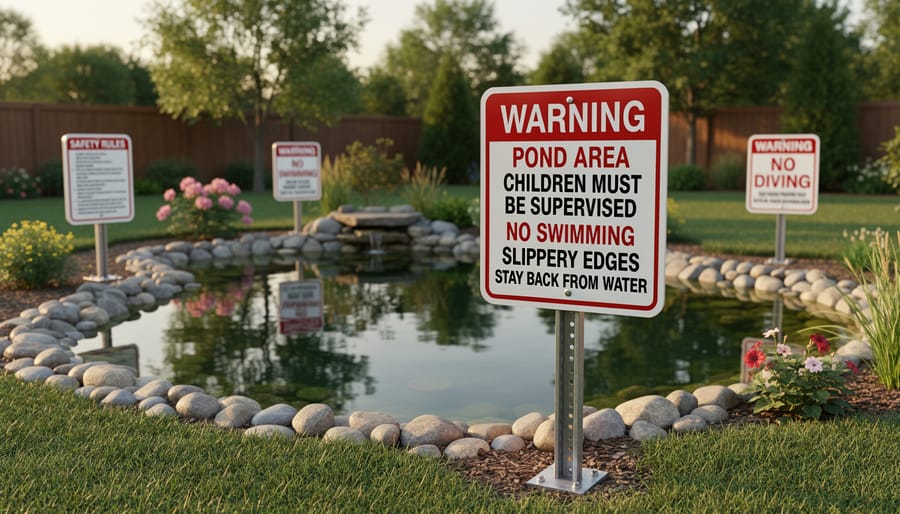 Pond safety warning sign mounted on post at residential pond edge