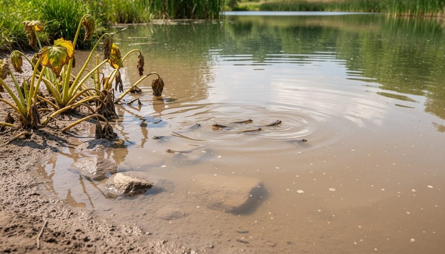 Overhead view of cloudy pond water with visible sediment and debris at bottom