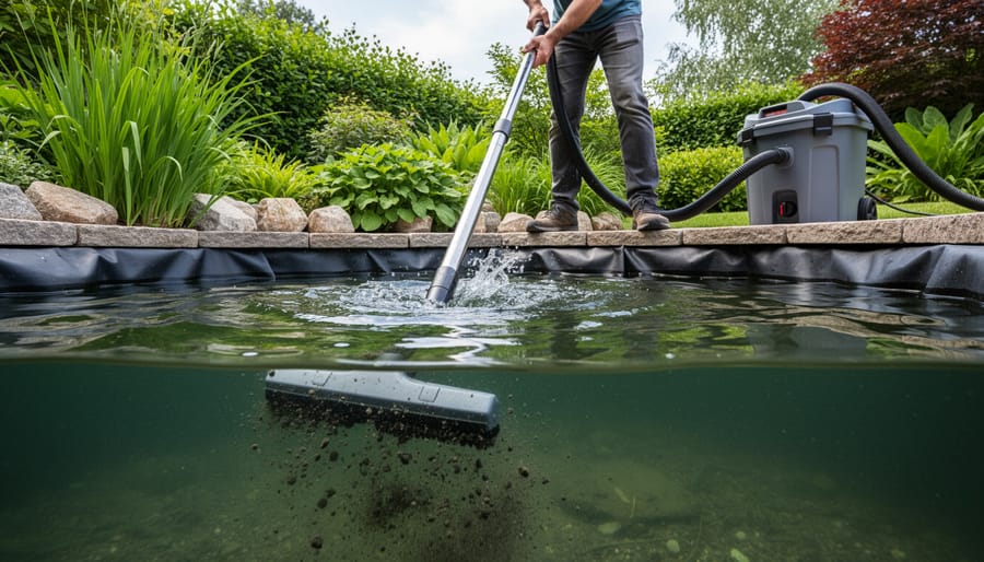 Person using pond vacuum to remove sediment from backyard pond